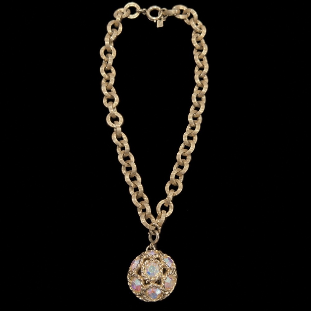 Sarah Coventry Dancing Magic Necklace Earrings Set Gold Tone AB Rhinestone 16in - Picture 2 of 6
